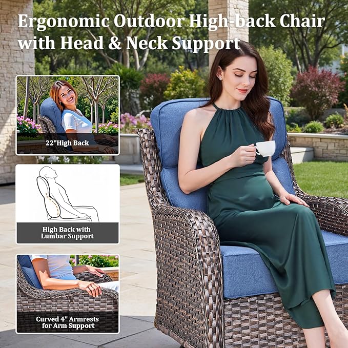 Pugire Luxury High Back Patio Furniture Set with 6-Inch Thick Cushions, 4-Pieces Outdoor Furniture with Swivel Chairs, Wicker Conversation Set for Porch, Balcony, Deck and Yard, Brown/Blue