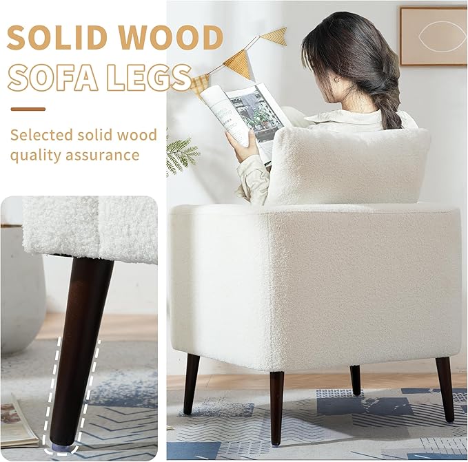 QKFF Barrel Accent Chair Set of 2 with Back Pillow, Large Teddy Upholstered Armchair with Solid Wood Legs Modern Reading Chairs for Living Room Bedroom