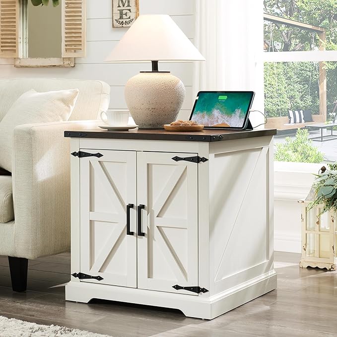 Barnyatoh Farmhouse End Table with Charging Station,24" Large Side Table with Barn Door, Rustic Wood Square Nightstand Bedside Table with Adjustable Shelf for Living Room, Bedroom,Antique White 2-Pack