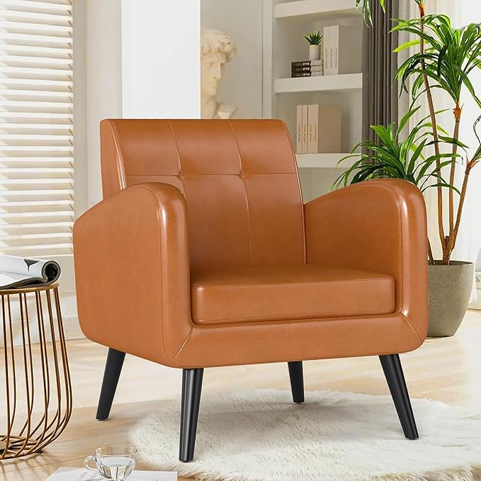 LSSPAID Accent Chair, Modern PU Leather Living Room Chairs, Comfy Upholstered Armchairs Single Sofa Chair with Solid Wood Legs for Apartment, Office, Brown