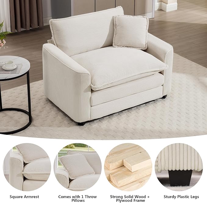 Aoowow Corduroy Large Armchair,Modern Oversized Single Sofa Chair with Throw Pillow,Deep Single Seat Cloud Sofas Couches for Living Room,Tufted Oversized Accent Arm Chair (Beige, Sofa Chair)