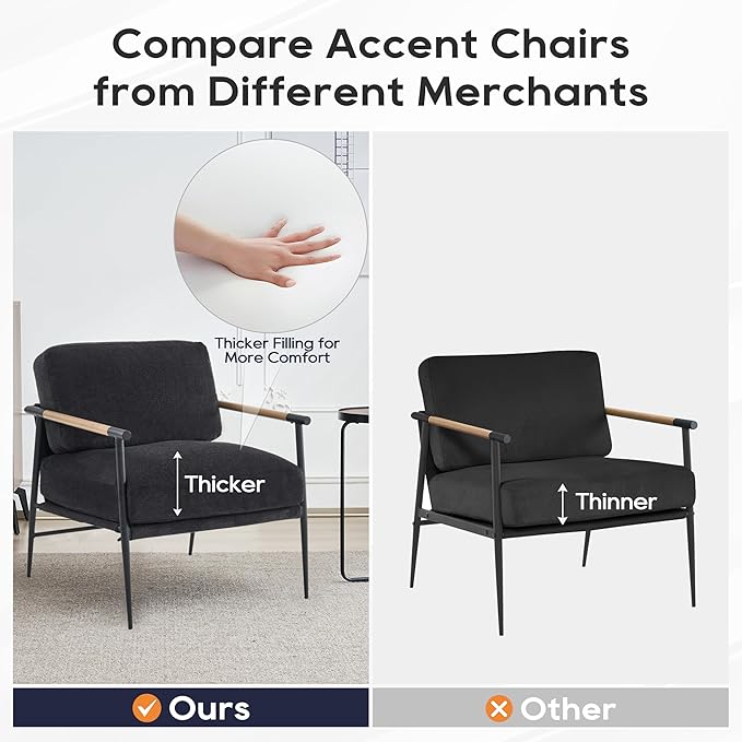 Accent Chair Set of 2,Mid Century Modern Armchair for Living Room,Bedroom,Office,Lounge Comfy Chenille Upholstered Soft Removable Washable Cushions and Pillows,Metal Wood-Grain Armrest Legs,2PCS,Black