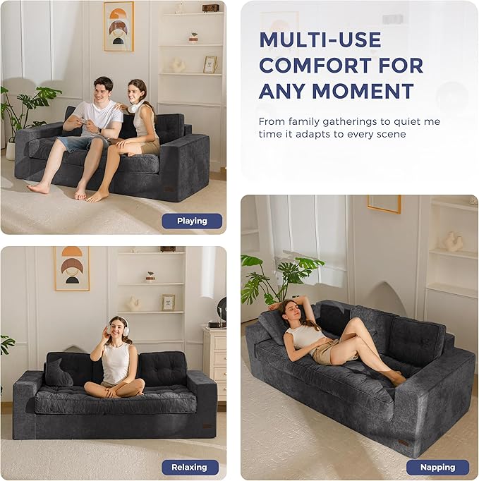 MAXYOYO Boneless Sofa Couch, Loveseat Sofa for Small Space, Tufted 3-Seater Floor Couch Bean Bag Chair for Living Room Bedroom Apartment, Sofa in a Box, No Assembly Needed, Dark Grey