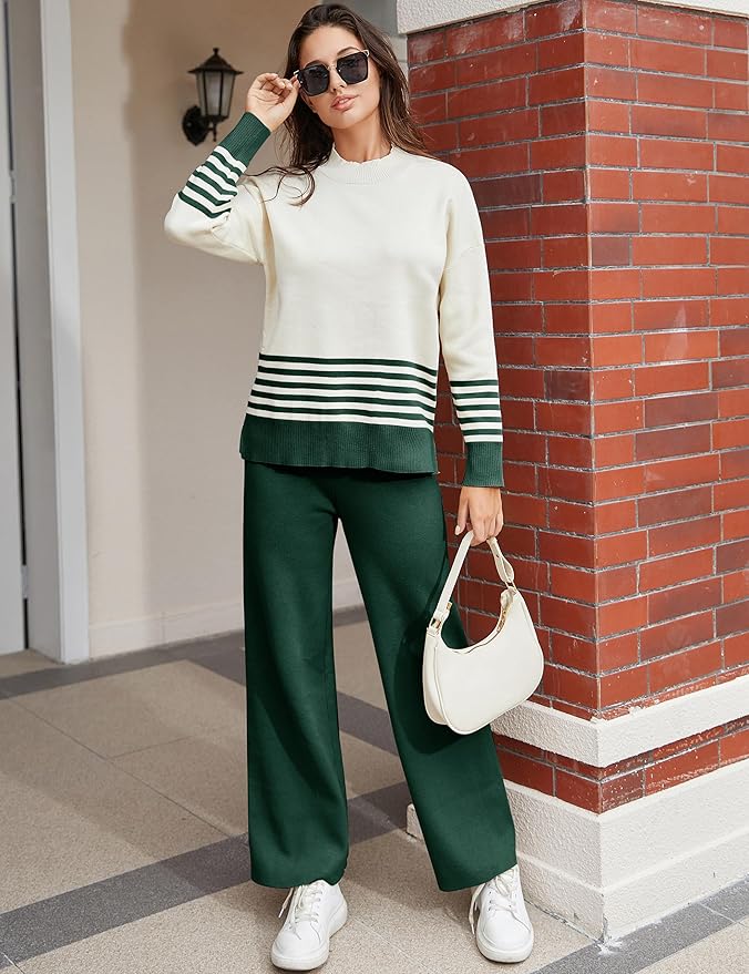 Tanming Women's Lounge Sets 2 Piece Outfits Knitted Pullover Sweater Tops Wide Leg Pants Tracksuit