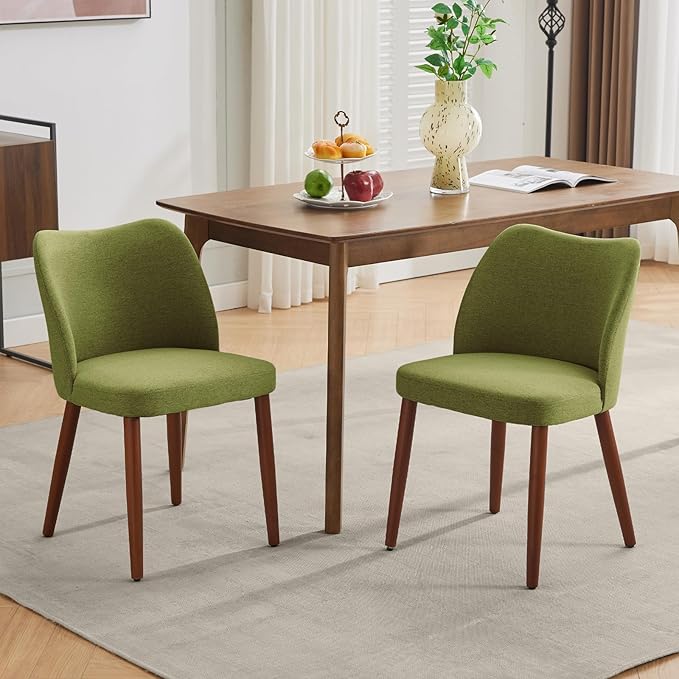 ElfinAura Dining Chair Set of 2, Linen Upholstered Dining Chair with Wood Legs, Wing Backrest, Wooden Kitchen Chair, Kitchen Chairs with Thick Cushions for Dining Room, Living Room, Green