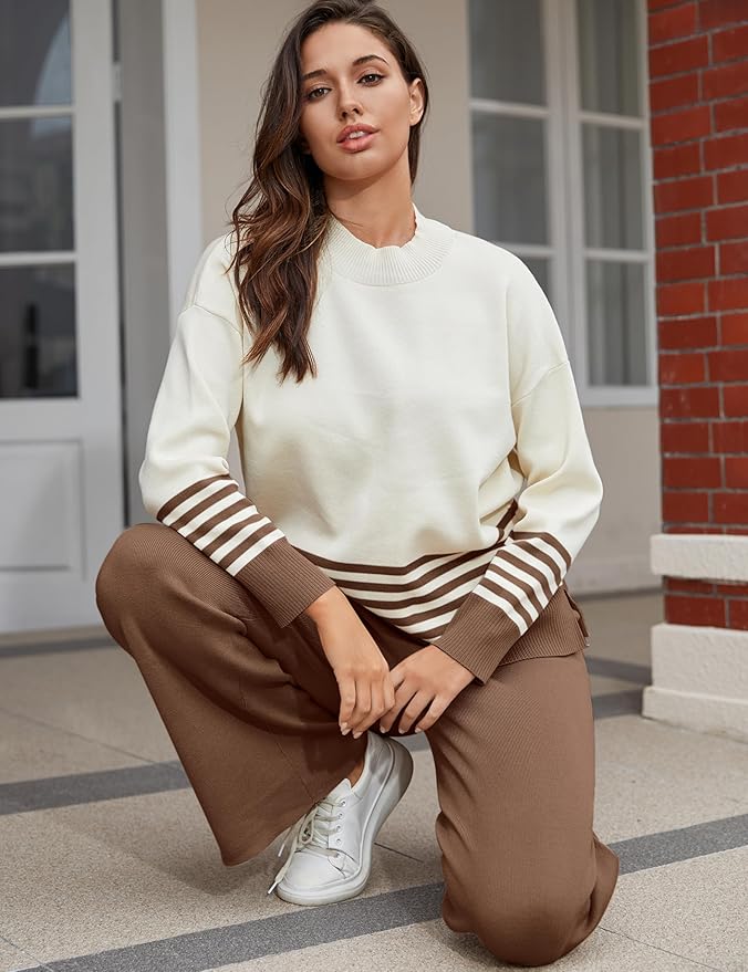 Tanming Women's Lounge Sets 2 Piece Outfits Knitted Pullover Sweater Tops Wide Leg Pants Tracksuit
