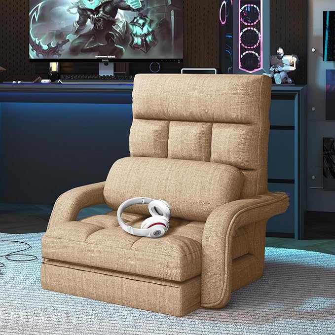 Floor Gaming Chair for Adults, 6-Position Adjustable Chaise Lounge Chair with Meditation Arm, Foldable Lazy Sofa with Pillow, Comfy Chair Indoor for Bedroom Dorm Living Room, Beige