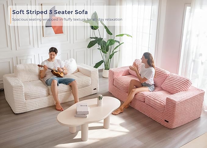 MAXYOYO 3-Seater Boneless Sofa Couch, Modern Faux Fur Sofa for Living Room, Soft Bean Bag Chair High-Density Foam Couch with Pillows, No Assembly Required