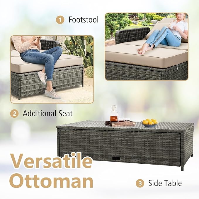 RELAX4LIFE Wicker Patio Outdoor Daybed - Rattan Day Bed Lounger w/Loveseat & Storage Ottoman, Sunbed Sofa Set w/Cushions, 4-Level Adjustable Backrest & 2 Retractable Trays, Patio Daybed (Beige-Grey)