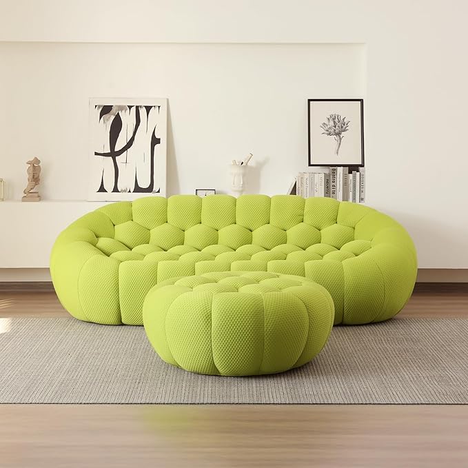 JACH Bubble Sofa with Ottoman, Curved Couch, Comfy Upholstered Sofa, Mesh Fabric 3D Honeycomb Shape Modern Couch for Living Room, Office, Apartment, Small Space (Fluorescent Green)