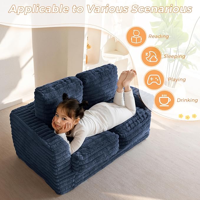 MAXYOYO Extra Wide Kids Bean Bag Chair, Comfy Faux Fur Bean Bag Sofa with Filler, Upholstered Floor Sofa with Pillows and Armrests, Lazy Floor Chair Couch for Boys and Girls, Navy