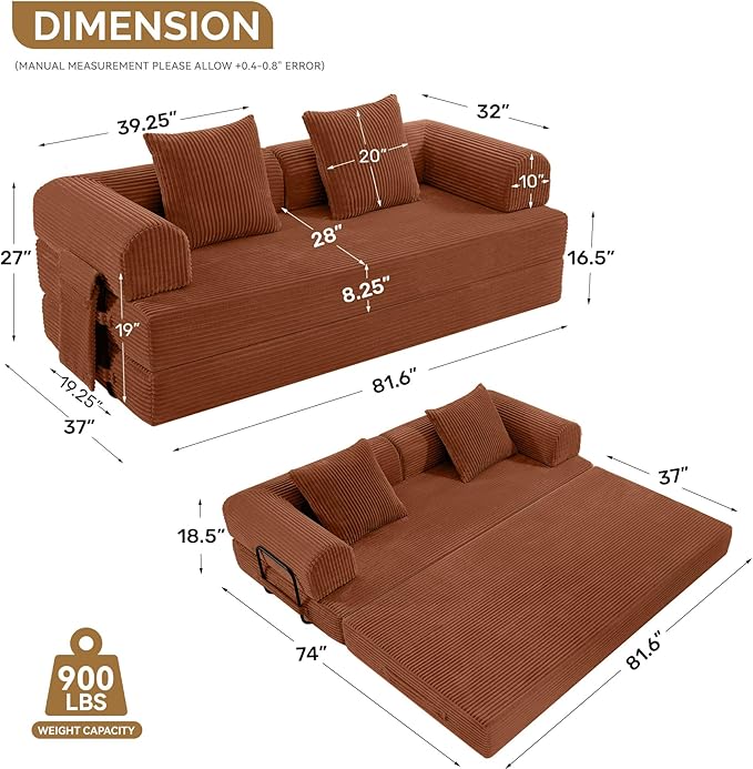 Convertible Corduroy Sleeper Sofa Bed with Cylindrical Pillow, Folding Mattress Couch with Fixed-Shape Frame, Floor Sofa Lounge Couch for Living Room Bedroom Lounge Studio, Red Brown