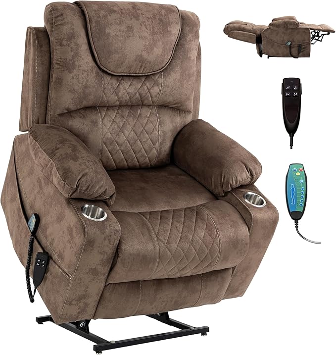 Oversized Power Lift Recliner Chair for Big and Tall, 25" Large Electirc Recliner Chair with Massage and Heating, Dual Motor Zero Gravity Recliner Sofa, Velvet, Brown