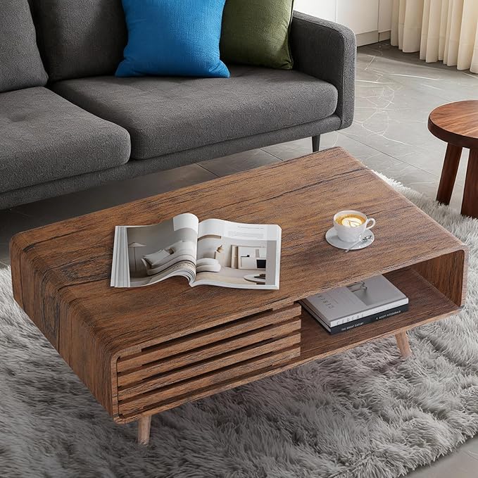 Easyego Coffee Table with Storage, Farmhouse Wood Tables for Living Room, Easy Assembly, Suitable for Various Home Styles (Rustic Walnut)