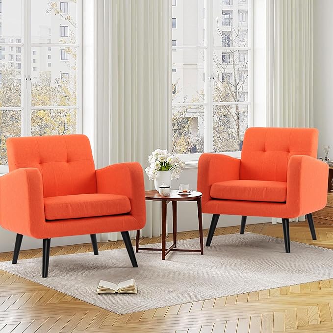 LSSPAID Accent Chairs Set of 2, Modern Orange Linen Fabric Living Room Chairs, Comfy Upholstered Armchairs Single Sofa Chair with Solid Wood Legs for Apartment, Reading, Office