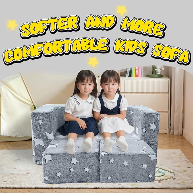 MeMoreCool Modular Kids Play Couch Sofa – Glow-in-The-Dark Star Design, Fold-Out Toddler Couch for Playroom Furniture, Grey