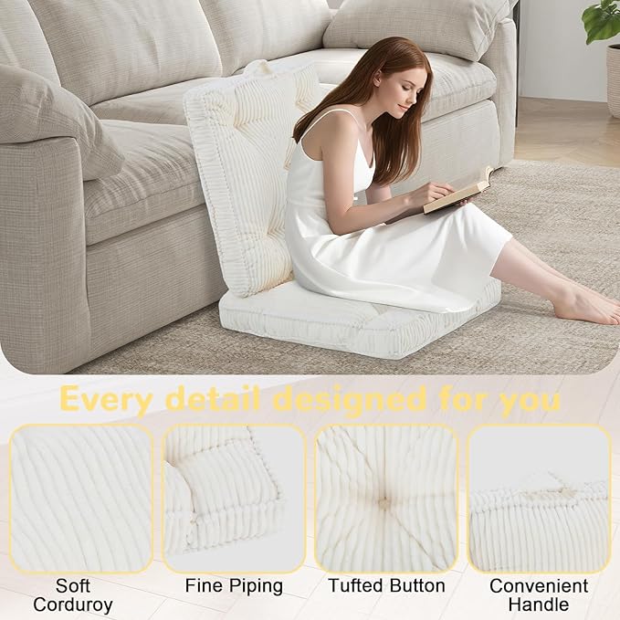 PRIMEPATIO Square Floor Pillow for Adults, Tufted Floor Cushion for Sitting, Large Meditation Cushion, Thick Corduroy Seat with Handle, Tatami Seating for Yoga, 22x22 Inch Beige, 1Pack