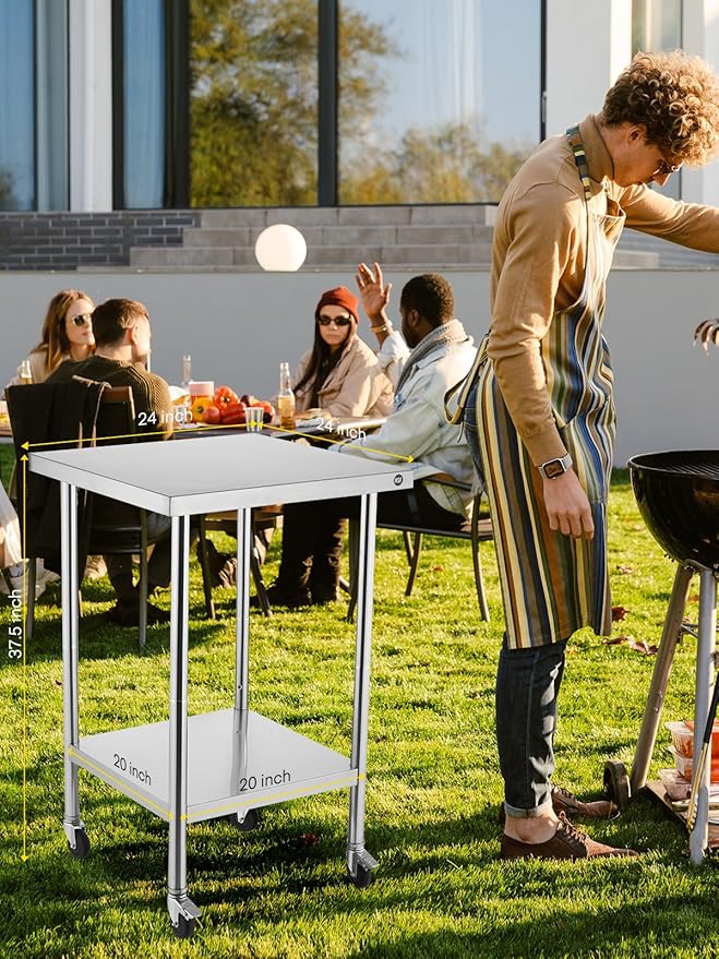 FOHERE Stainless Steel Table, Prep Table W/4 Caster Wheels, 400 LBS Load Capacity，NSF Commercial for Restaurant, Home and Hotel (24×24 in)