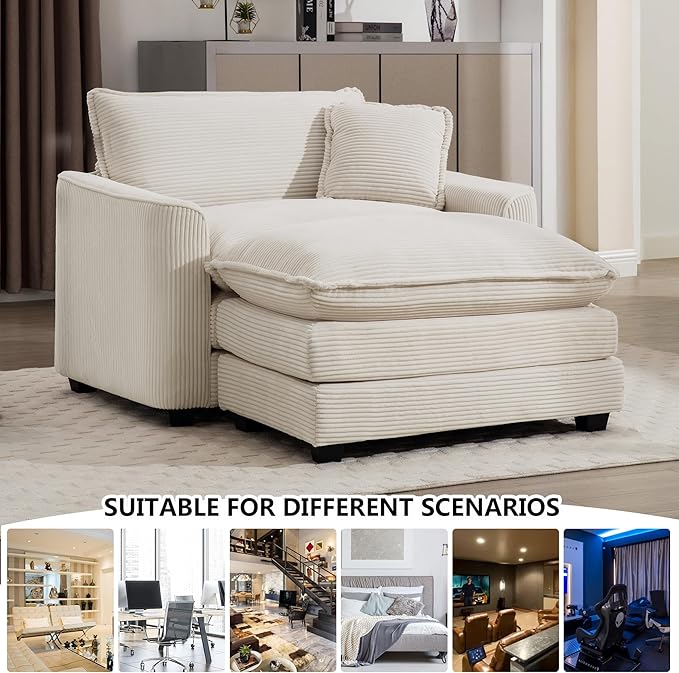 Aoowow Corduroy Large Armchair with Ottoman,Tufted Indoor Chaise Lounge Chair,Oversized Single Sofa Chairs with Footrest,Single Seat Cloud Sofas Couches for Living Room (Beige, Sofa Chair + Ottoman)