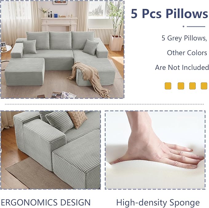 107" W Cloud Sectional Couch with Ottoman,Modern U-Shaped Cloud Couch with Deep Seat,Comfy Corduroy 3-Seater Sofa,Memory Foam Sofa for Living Room,No Assembly (Grey,Right-Facing Chaise)