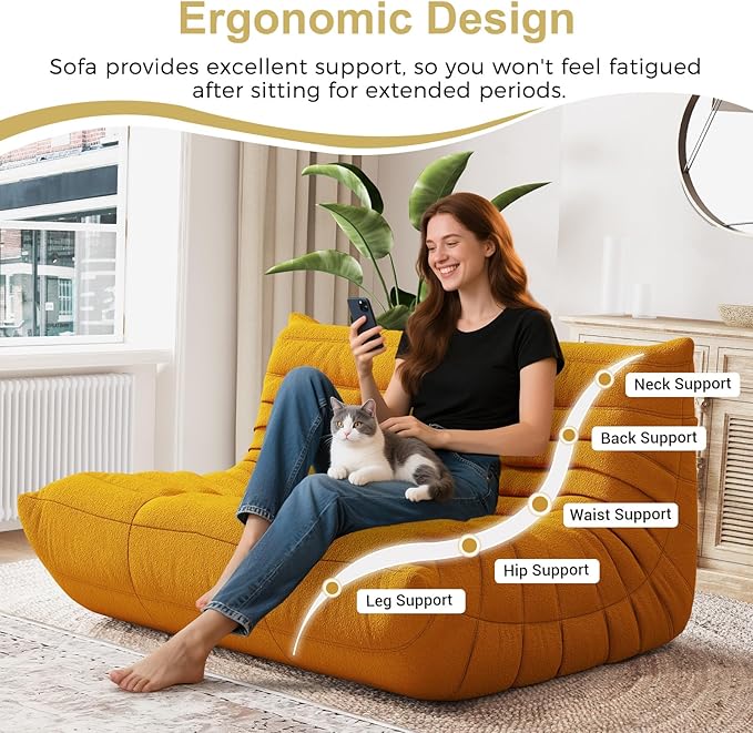 Selyteramy Bean Bag Chairs for Adults, Giant Bean Bag Chair Sofa with Memory Foam, Comfy Beanbag Loveseat Lazy Sofa for Living Room, Bedroom, Apartment, Yellow