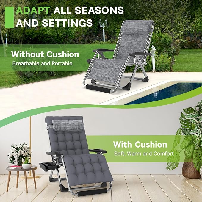 ZENPETIO Oversized Zero Gravity Chair, 33In XXL Zero Gravity Recliner Lounge Chair, Anti Gravity Chair for Indoor and Outdoor, Reclining Camping Chair for Lawn and Patio w/Cushion and Footrest, 500LBS