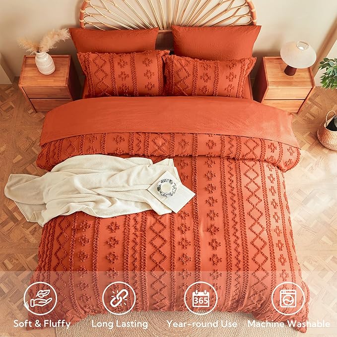 MR&HM Queen Comforter Set Terracotta, 7 Pieces Tufted Boho Beddding Sets, Farmhouse Style Bed in a Bag with 1 Comforter, 2 Pillow Shams, 2 Pillowcases, 1 Flat Sheet, 1 Fitted Sheet for All Seasons