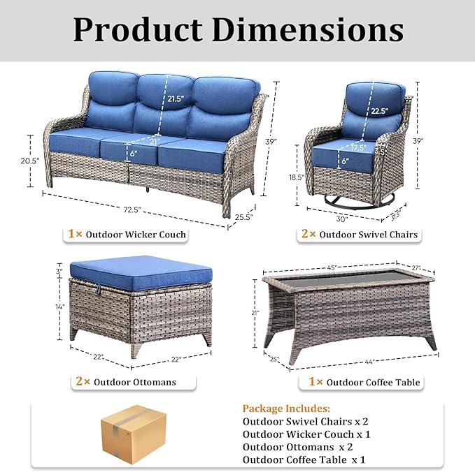 Pugire Luxury High Back Patio Furniture Set with 6-Inch Thick Cushions, 6-Pieces Outdoor Furniture with Swivel Chairs, Wicker Conversation Set for Porch, Balcony, Deck and Yard, Grey/Blue