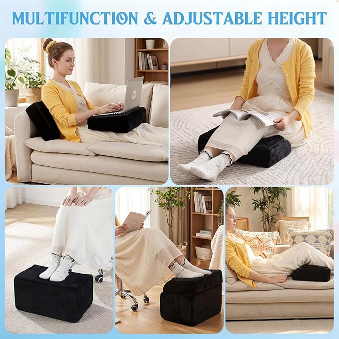 Novabright Adjustable Under Desk Foot Rest, Memory Foam Foot Stool with Gel Top and Warm Pocket Washable Cover Footrest for Office Chair Leg and Back Pain Relief(17" X 11" X 17",Cambered,Black)