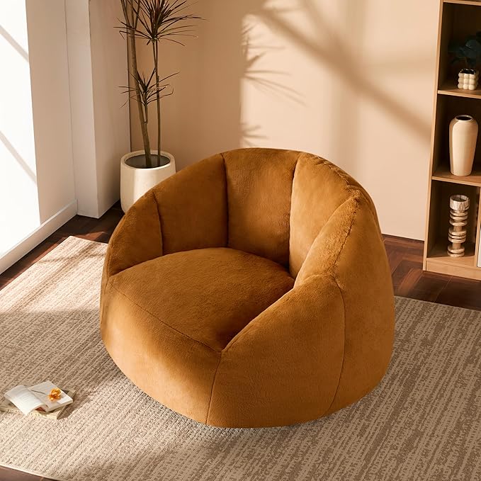 Swivel Giant Bean Bag Chair for Adults - Comfy Plush Round Shell Soft Accent Chair, Oversized Cozy Floor Sofa for Living Room, Bedroom & Game Rooms, Orange