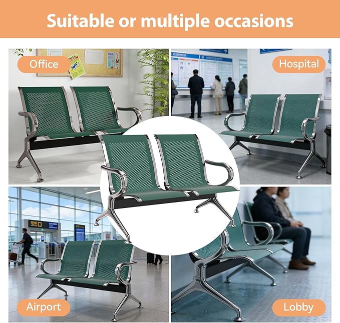 Kinfant 2-Seat Waiting Room Chair - Office Guest Reception Chairs with Ergonomic Backrests, Airport Waiting Bench with Armrests, Metal Waiting Furniture for Hospital, Bank, Salon, Dark Green