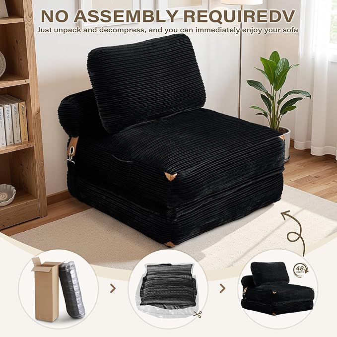 75''Foldable Sofa Bed,Black Convertible Folding Sleeper Chair Bed,Foldable Single Sofa Foam Filling Couch with Pillow, Comfy Corduroy Lazy Floor Sofa for Small Room Living Room Bedroom Apartment