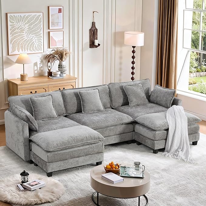 SoarFlash 113.78" Chenille Sectional Sofa, Comfy U Shaped Modular Coush Sofa with Ottoman, Modern 4 Seat Couch Deep Seat Sofa Set for Living Room,Grey