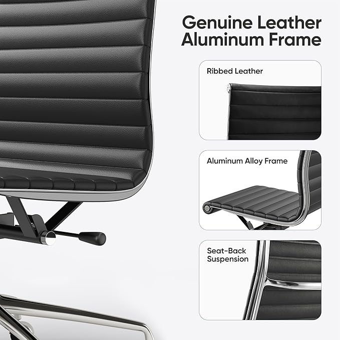 OTDMEL Armless Ribbed Office Desk Chair with Top Grain Leather, High Back Ergonomic Swivel Room Chair, Adjustable Height 5-Star Base, Black