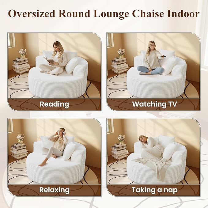 WJShome Oversized Round Chair Lounge Chaise Indoor,Upholstered Corduroy Sofa Bed with 3 Pillows,Comfy Sleeper Boneless Couch,Deep Seat Couches for Living Room, Beige