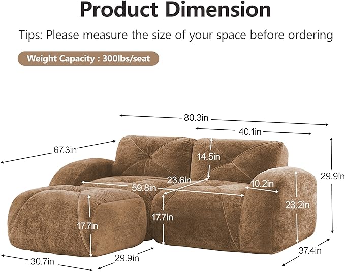 Modular Sectional Sofa with Free Combination,Boneless Floor Couch for Small Spaces, Living Room & Lounge,Velvet 2-Seater Sectional Couch with Ottoman,No Assembly Needed