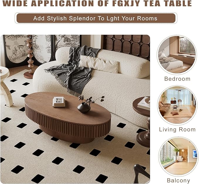 FGXJY Oval Coffee Table with Storage, Modern Walnut Coffee Table with Solid Wood Veneered, Fluted Center Table Wood Drum Tea Table for Living Room Apartment, 47.2''L×23.6''W×14.2''H