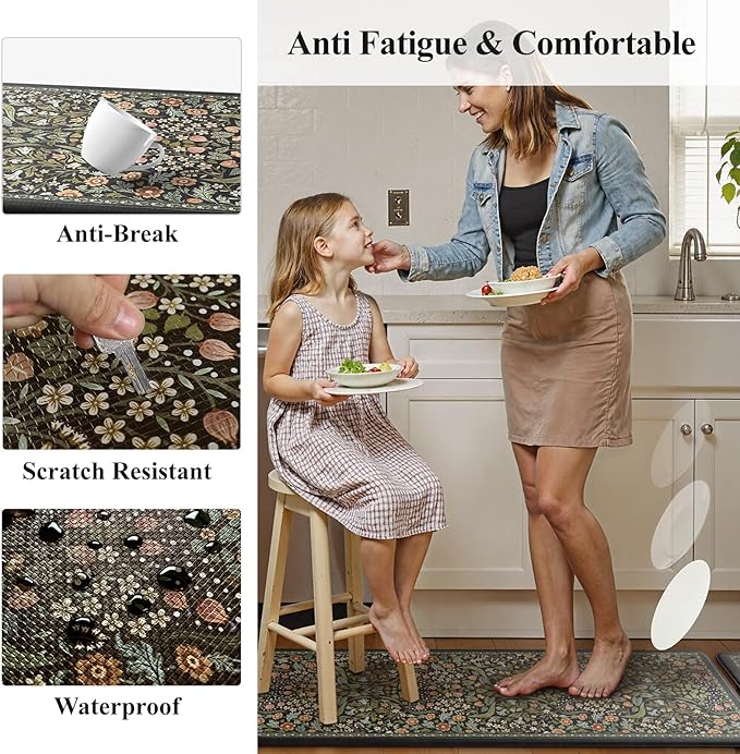 Collive Anti Fatigue Kitchen Mats, Cushioned Floral Kitchen Rugs Non Slip Waterproof Standing Mat, Black Vintage Comfort Desk Rug for Office, Sink, Laundry, 20"x39"