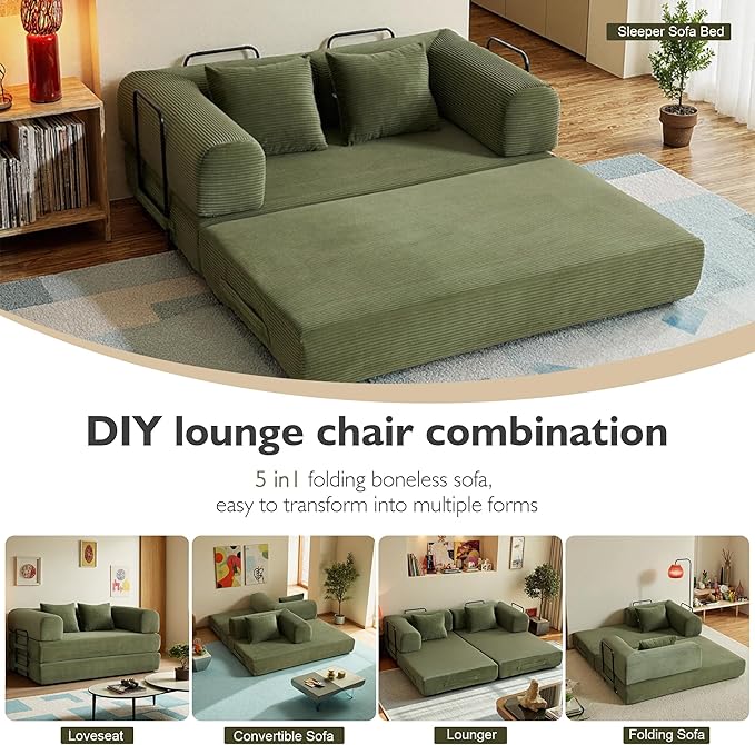 59 Inch 5-in-1 Convertible Sofa Bed, Corduroy Boneless Floor Couch with Fixed Frame & Pillow, Modular Folding Mattress Lounger for Small Space, Living Room, Bedroom - Easy Assembly(LIGHT GREEN)