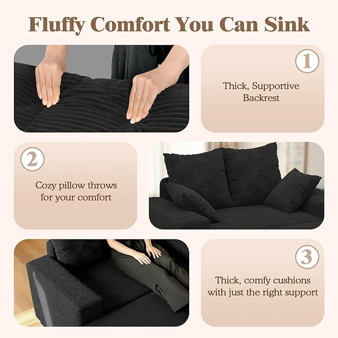 Indoor Chaise Lounge Chair with Storage Ottoman, Modern 60-Inch Lounge Sofa Chair with Wide Armrests & 4 Pillows, Oversized Comfy Reading Lounger for Living Room, Bedroom（Medium-Rib Corduroy Black）