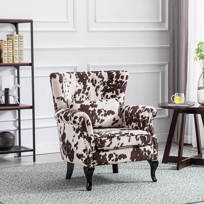 LZAREAL Accent Reading Arm Chairs for Living Room Bedroom, Midcentury Modern Comfy Corner Sofa Chair, Wingback Waiting Room Club Chair with Button Tufted Back &Lumbar Pillow, Fabric Cow