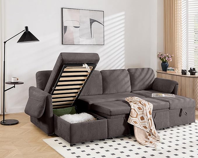 Tbfit 109'' Pull Out Sofa, Sleeper Sofa Bed with USB & 2 Storage Chaises, Comfy Oersized U Shaped Convertible Sectional Sleeper Couches for Living Room, Apartment, Office, Dark Gray