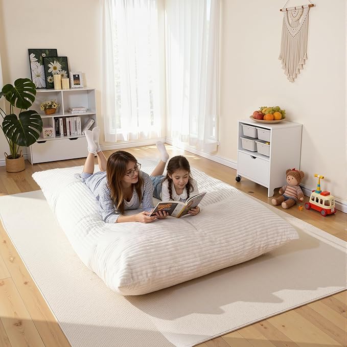 nalone 4-in-1 Giant Bean Bag Chair for Adults, 6.4 FT Memory Foam Filled Beanbag Chair, Floor Sofa Bed with Fluffy Washable Flannel Cover, Lounge Couch for Bedroom, Living Room (White)