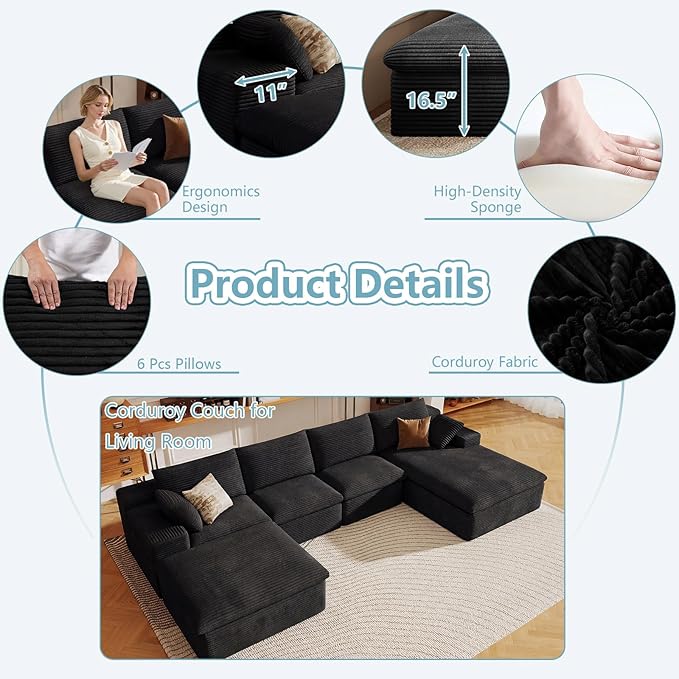 136" Cloud Sectional Couch with U-Shaped Chaise,Corduroy Viral Boneless Sofa with Ottoman,Memory Foam Couches in a Box with Deep Seat for Living Room,No Assembly Required (Black,Right-Facing Chaise)