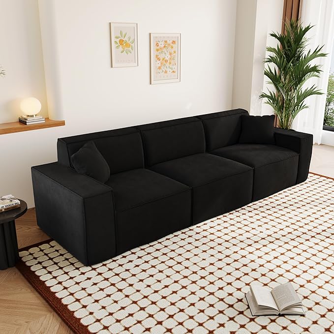 110" Cloud Sectional Couch, Chenille Boneless Couch 3 Seater with Deep Seats & Wide Armrests, Comfy Modular Sectional Sofa Memory Foam Compression Floor Sofa for Living Room, No Assembly Required