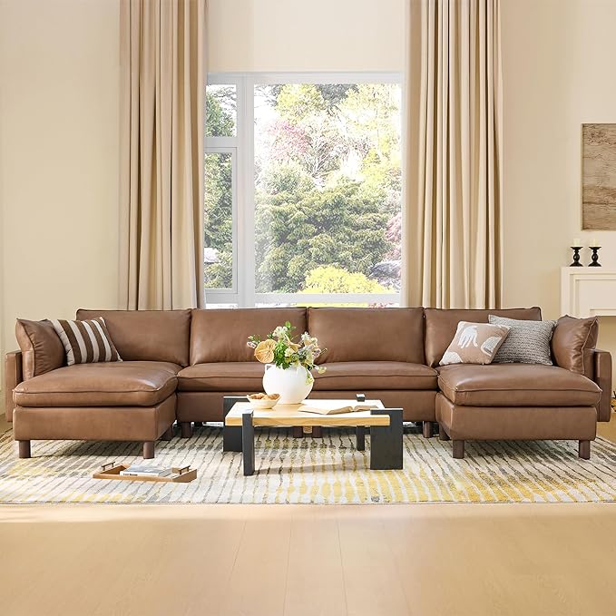 CHITA 161" Super Large Sectional Couches for Living Room, Modular Cloud Couch Sectional Sofa, Premium Genuine Leather Sofa, Down Filled, High Density Foam, Real Leather in Saddle, 6 Seat U Shaped