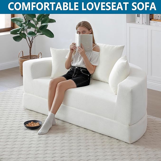 67" Round Convertible Folding Sofa Bed, Boneless Couch Loveseat, Floor Sleeper Chaise Lounge for Living Room, Apartment, Dorm, Small Spaces, Beige