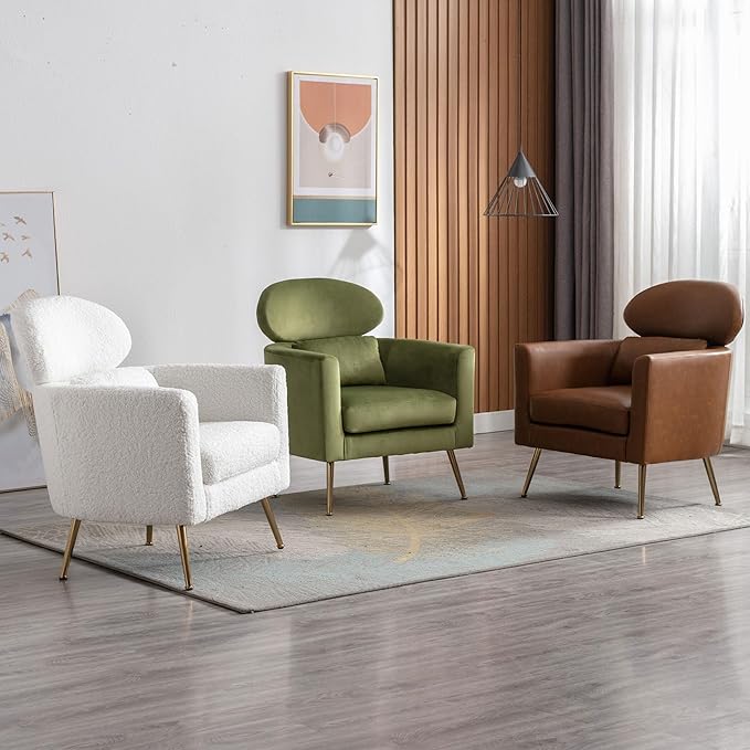DM Furniture Velvet Accent Chair Set of 2 Comfy Living Room Chair Slipper Chair Mid Century Single Sofa Arm Chair with Golden Legs and Pillow for Bedroom/Guest Room, Olive Green