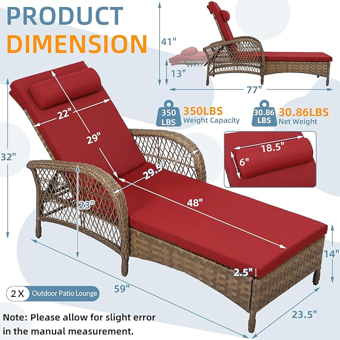 WINGTU Outdoor Chaise Lounge Chair Set of 2, PE Wicker Recliner Patio Reclining Sunbathing Chair with Cushion, 6-Position Patio Lounge Chair with Adjustable High Backrest, Armrest & Pillow, Red