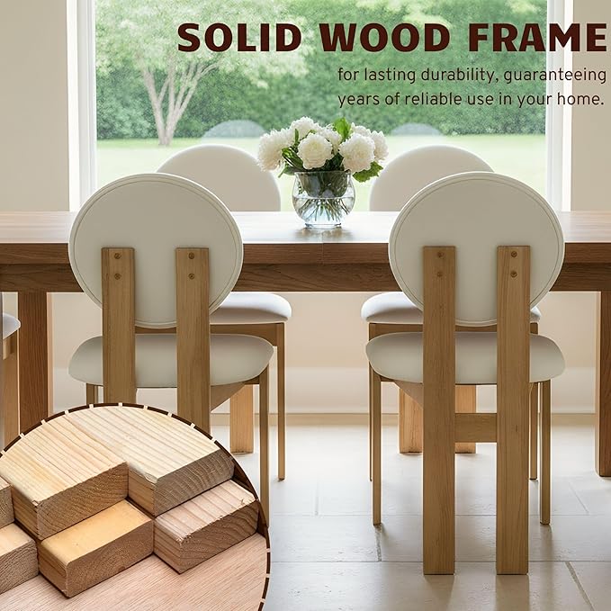 Wahson Modern Wood Dining Chairs Set of 2, Farmhouse Beige Linen Kitchen Chairs with Round Back and Wooden Legs, Mid-Century Armless Upholstered Accent Chairs for Dining Room/Living Room/Restaurant